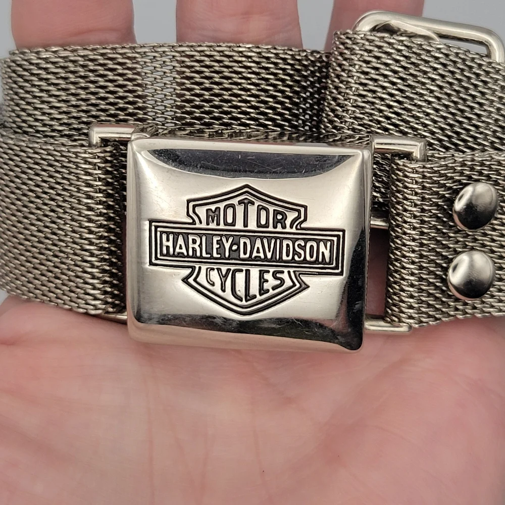 Vintage Harley‑Davidson Mesh Belt with Seat‑Belt‑Style Buckle in Silver Tone - Picture 8 of 11